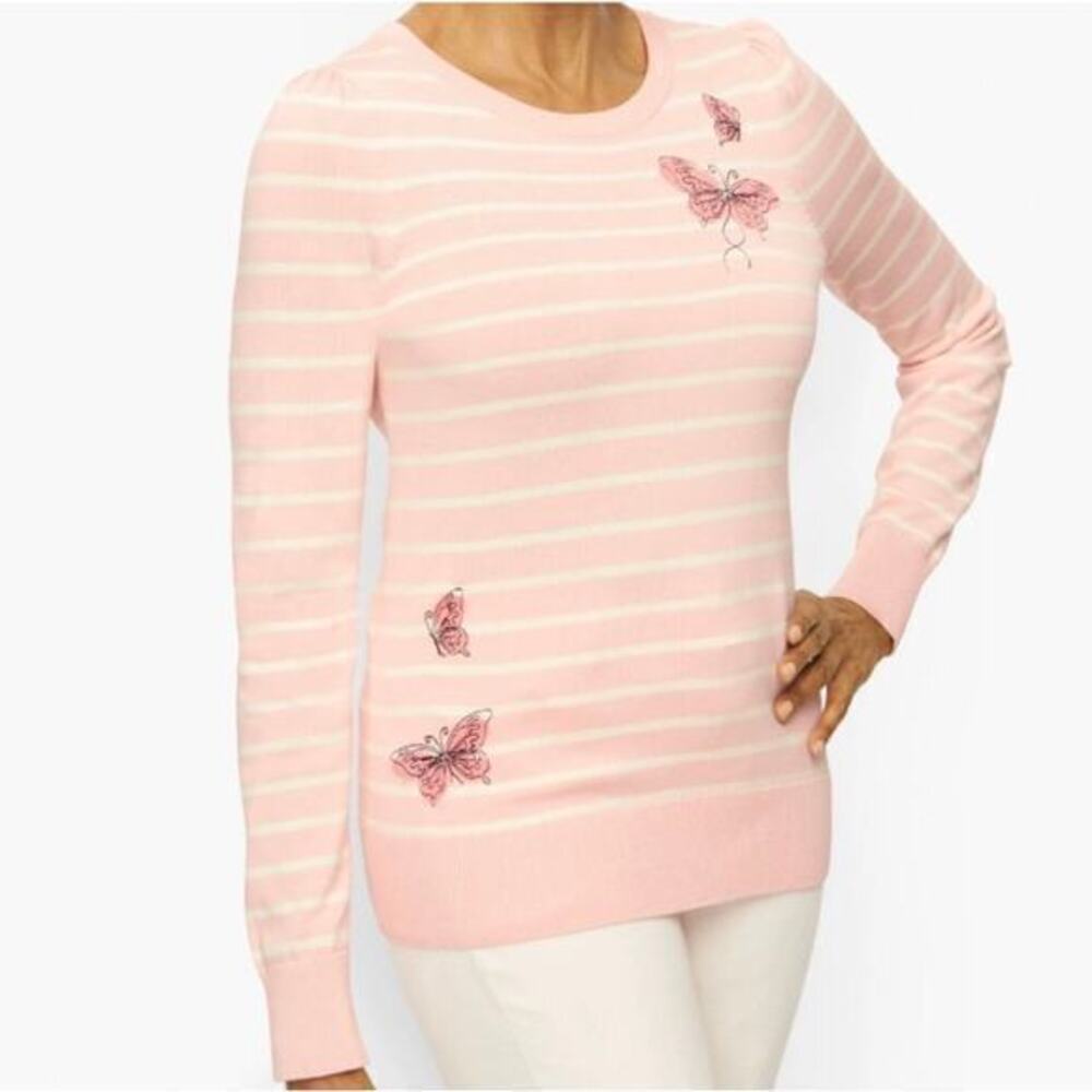Talbots CREWNECK SWEATER EMBROIDERED BUTTERFLY STRIPE pink & white medium petite